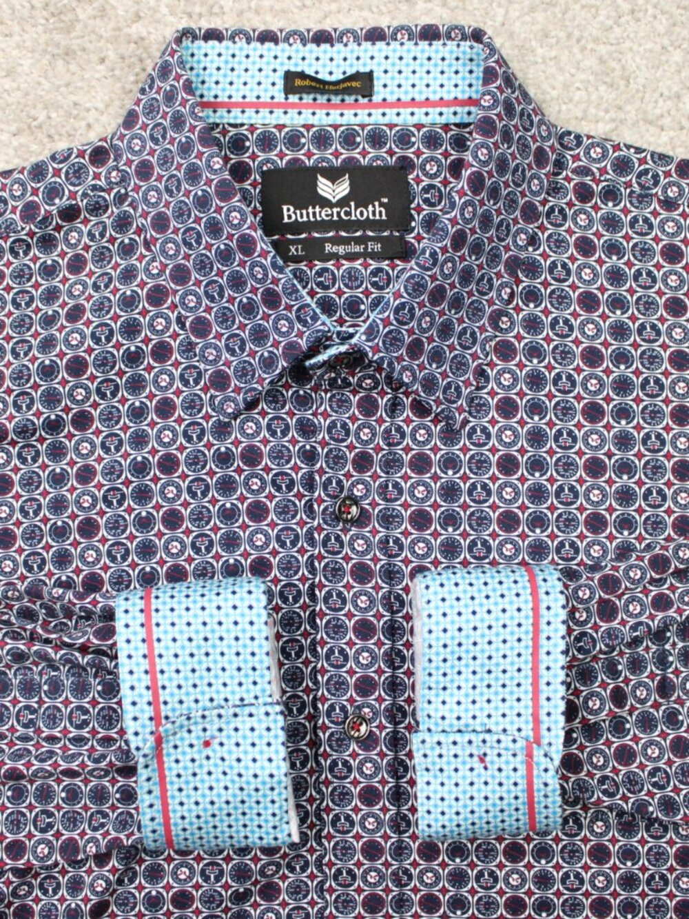 Buttercloth Shirt Men XL Red/Blue Robert Herjavec Collection AOP Regular Fit L/S